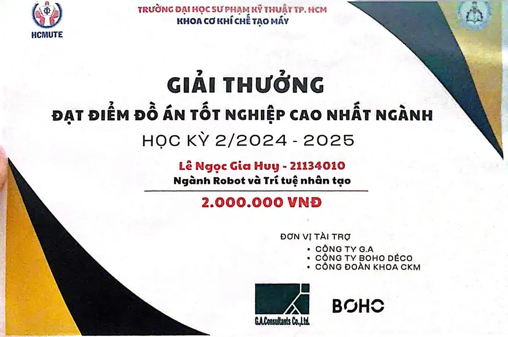 Certificate for the highest graduation project score in Robotics and AI, semester 2 2024–2025